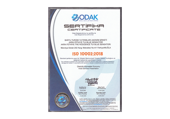 Akra Fethiye The Residence Sertifikalar ıso 10002 2