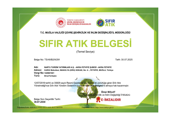 Akra Fethiye Sertifikalarımız Sıfır Atık 2