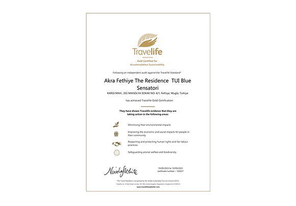 Akra Fethiye The Residence Sertifikalar Travelife 2